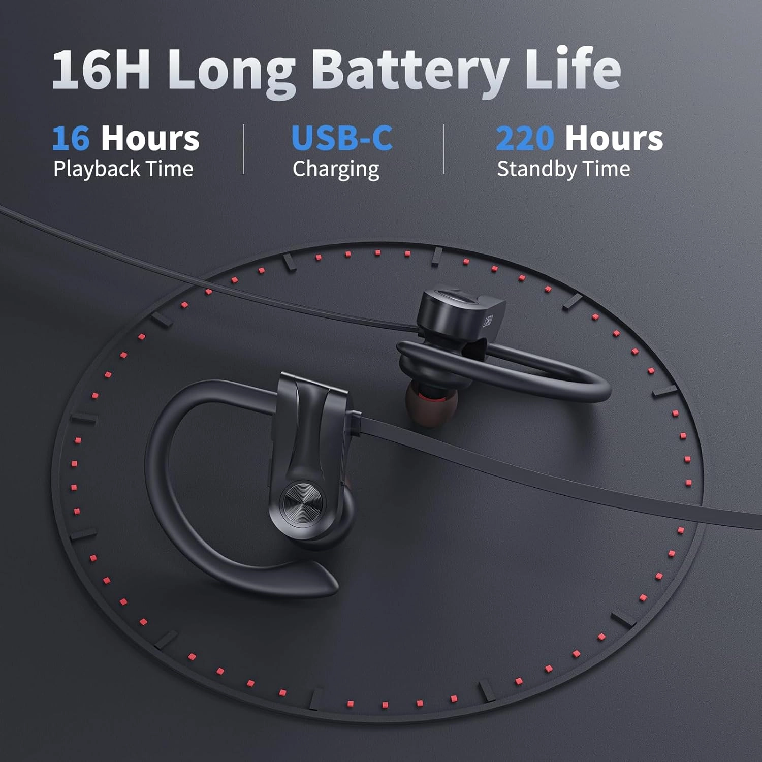 Bluetooth Headphones, Wireless Earbuds Bluetooth 5.3 Headphones with 16Hrs Playtime Stereo Bass Headsets, IPX7 Waterproof Running Earphones for Sports, Black