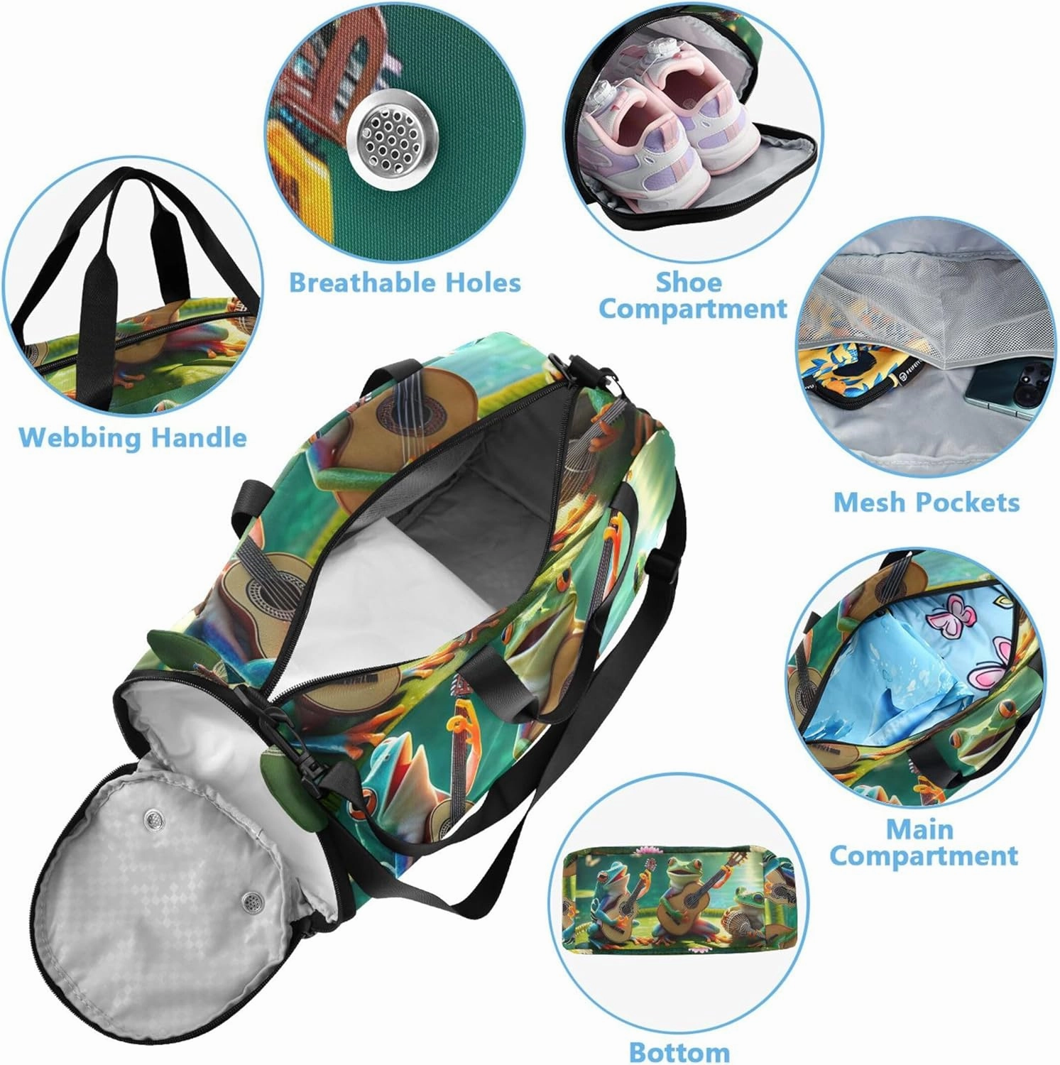 Boys Carry on Duffel Bag Frogs Playing Music Overnight Bags Toddler Girls Duffle Bags for Travel with Shoe Compartment