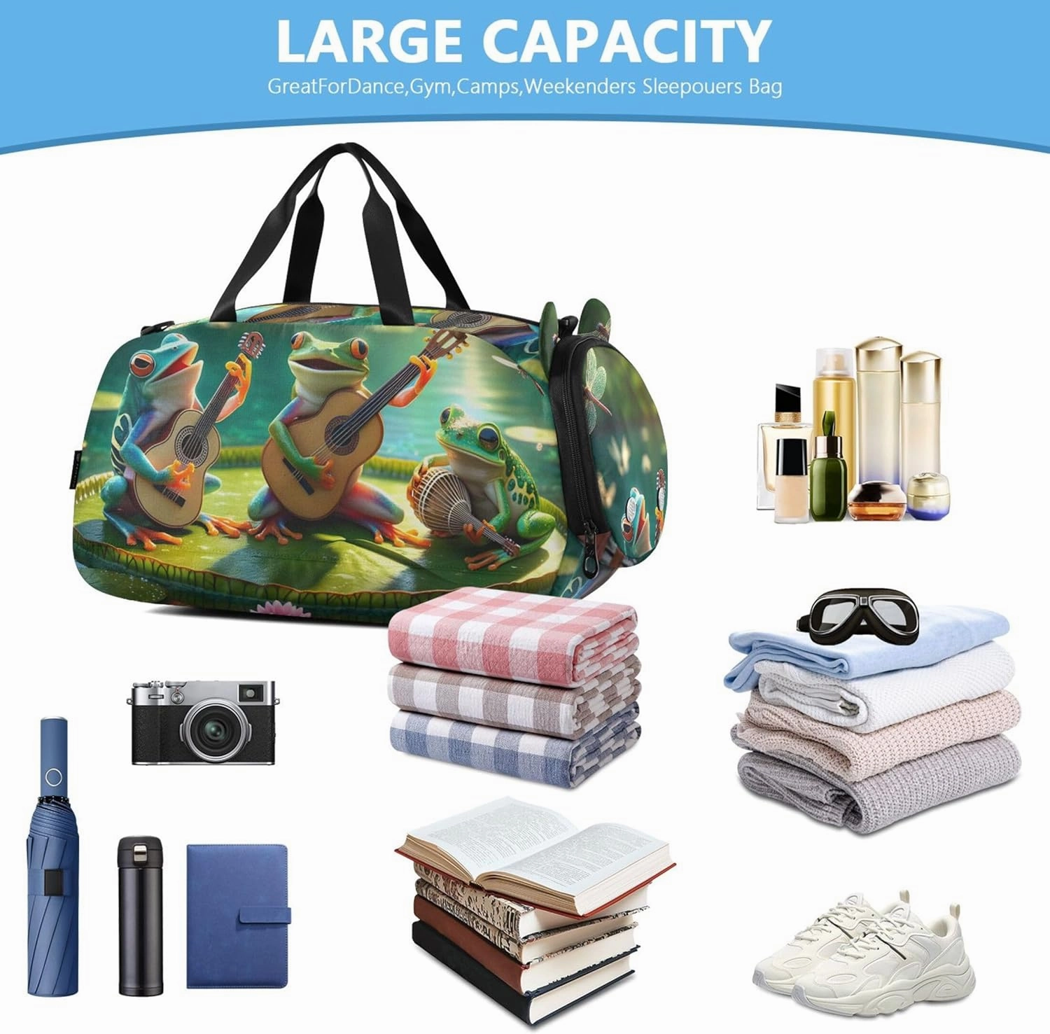 Boys Carry on Duffel Bag Frogs Playing Music Overnight Bags Toddler Girls Duffle Bags for Travel with Shoe Compartment