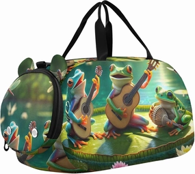 Boys Carry on Duffel Bag Frogs Playing Music Overnight Bags Toddler Girls Duffle Bags for Travel with Shoe Compartment
