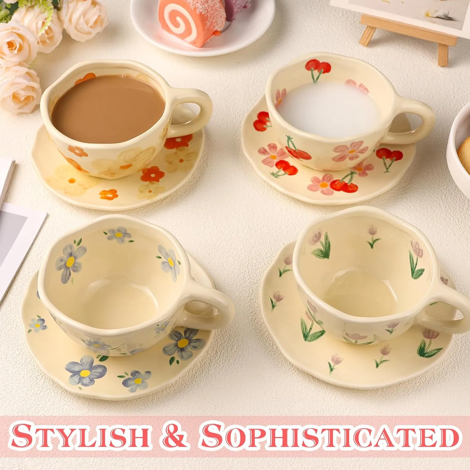 Cappuccino Cup with Saucers Set of 4 Ceramics Coffee Mugs 8 oz Latte Art Cup Vintage Aesthetic Flower Barista Cups for Americano, Tea, Espresso,Mocha, Milk - Microwave and Dishwasher Safe