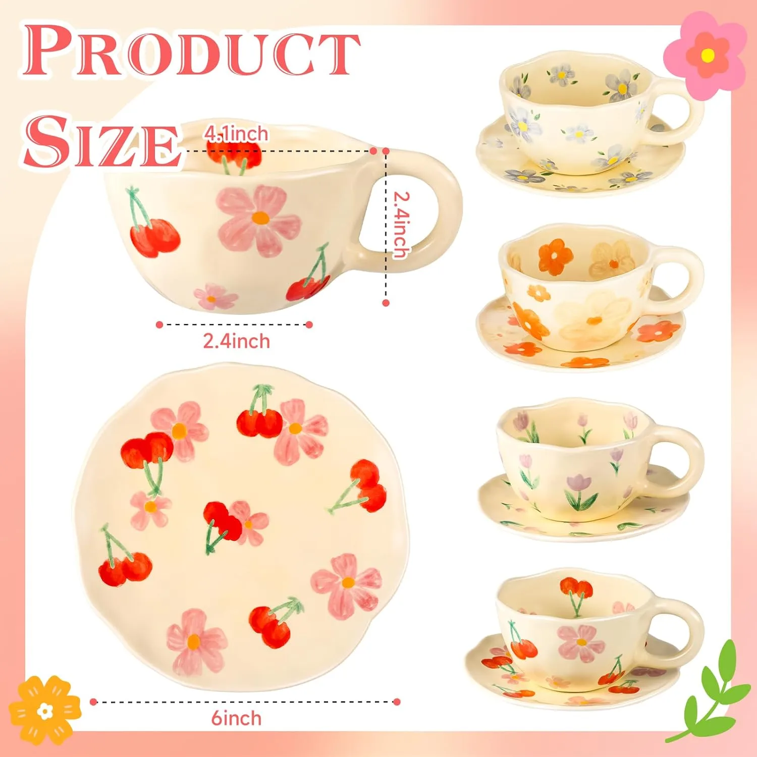 Cappuccino Cup with Saucers Set of 4 Ceramics Coffee Mugs 8 oz Latte Art Cup Vintage Aesthetic Flower Barista Cups for Americano, Tea, Espresso,Mocha, Milk - Microwave and Dishwasher Safe