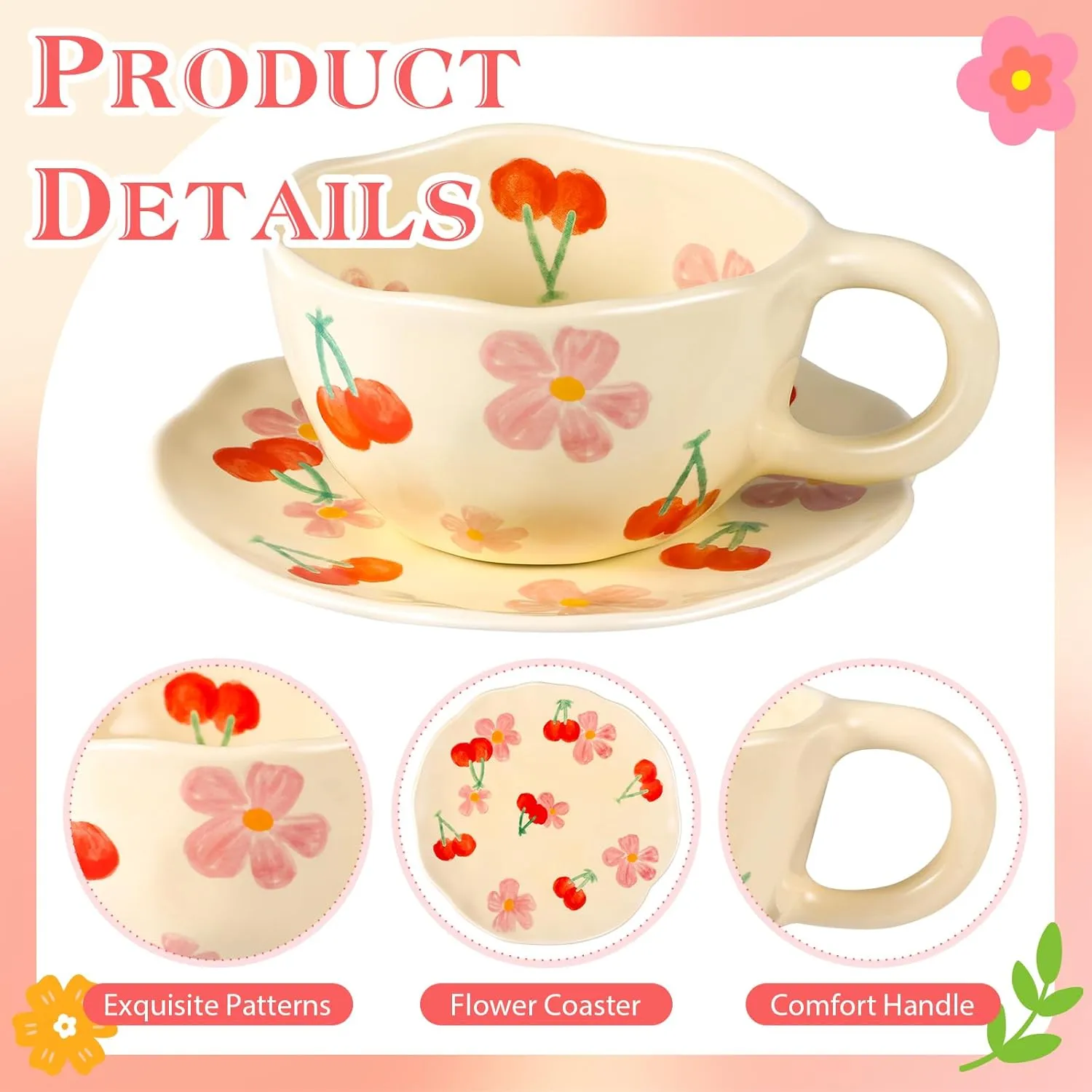 Cappuccino Cup with Saucers Set of 4 Ceramics Coffee Mugs 8 oz Latte Art Cup Vintage Aesthetic Flower Barista Cups for Americano, Tea, Espresso,Mocha, Milk - Microwave and Dishwasher Safe