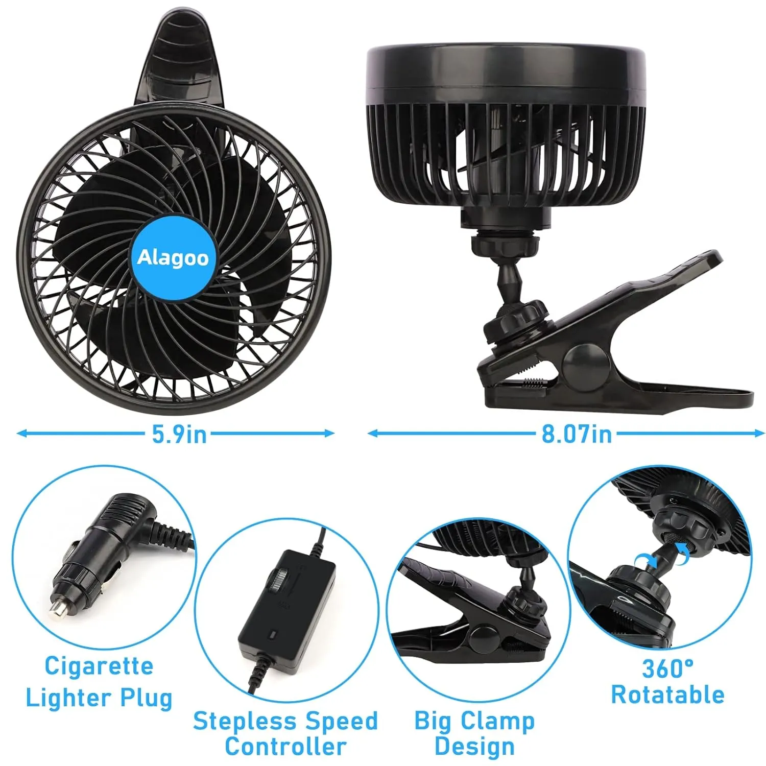 Car Fan 6'' 12V Cool Gadgets Clip Fan for Front Rear Seat Passenger Portable Electric Quiet Air Conditioner with Cigarette Lighter Plug for Cars/Vehicle SUV, RV