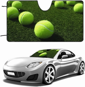Car Windshield Sunshade, Tennis Balls on Tennis Grass Court Print Car Sun Visor Automotive Sun Shade Windshield Heat Guard Foldable Car Sunshade