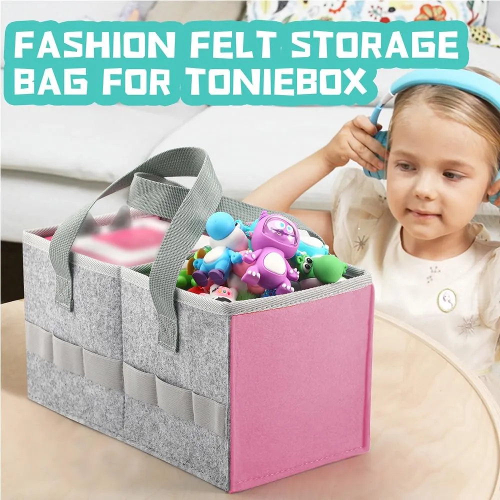 Carrying Case Travel Felt Bag Compatible with Toniebox Starter Set and Tonies Figurine (Gray Pink)