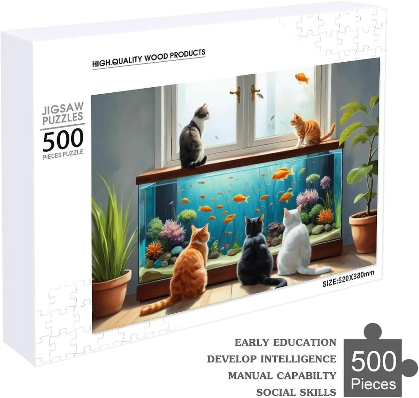 Cat and Fish 500 PCS Puzzle Fun and Challenging Activity and Artwork of Wooden Jigsaw Puzzle for Adults and Families