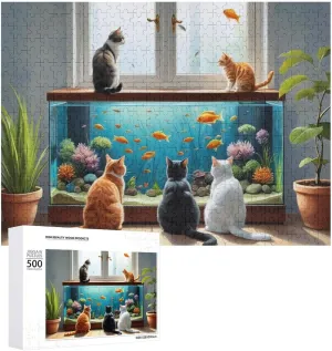 Cat and Fish 500 PCS Puzzle Fun and Challenging Activity and Artwork of Wooden Jigsaw Puzzle for Adults and Families