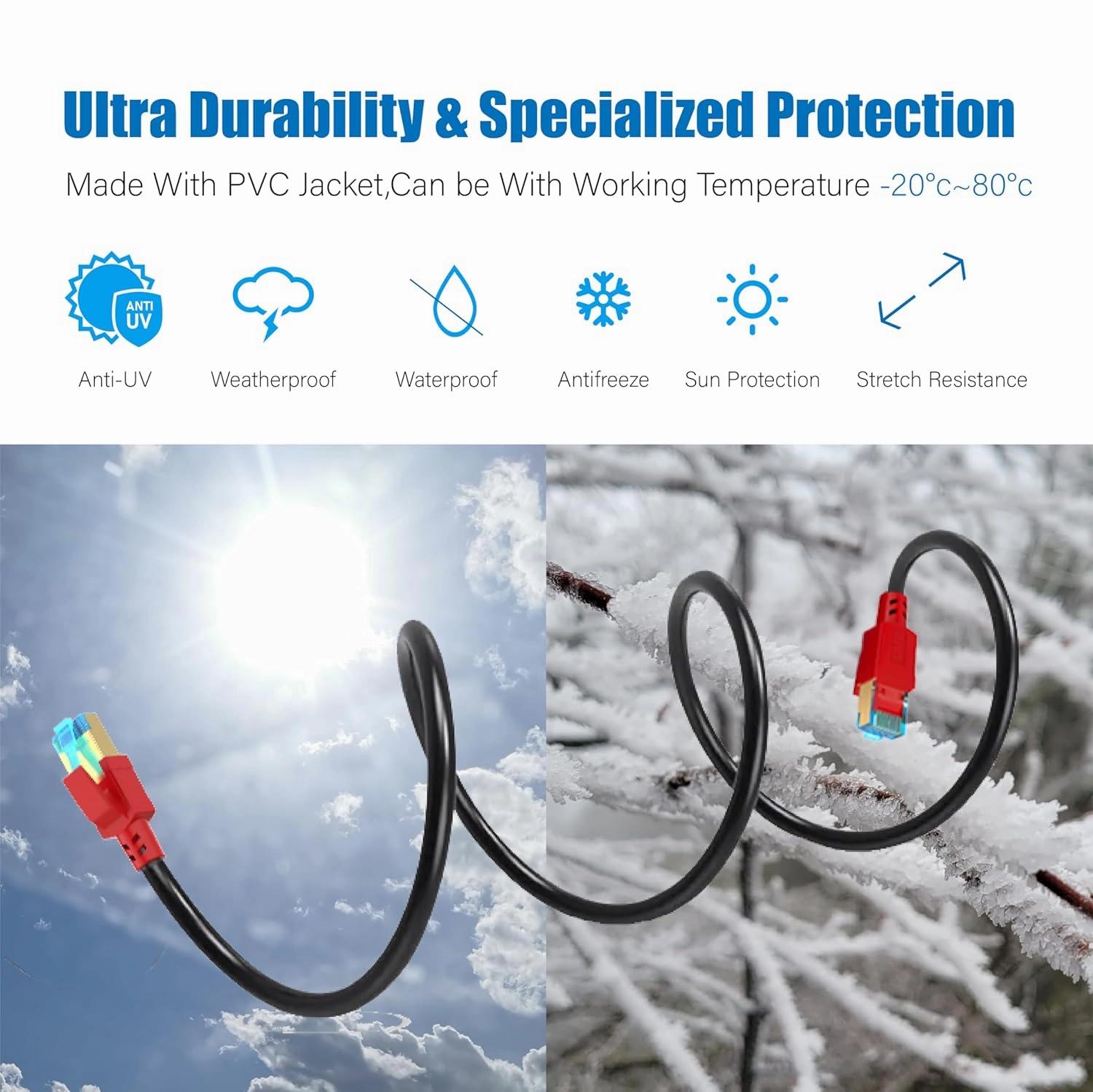 Cat 8 Ethernet Cable 25 FT, 26AWG 40Gbps 2000Mhz Ultra Speed Cat8 LAN Network Cable SFTP Patch Cord with Gold Plated RJ45 Connector, Weatherproof UV Resistant for Switch/Router/Modem/PC/Gaming