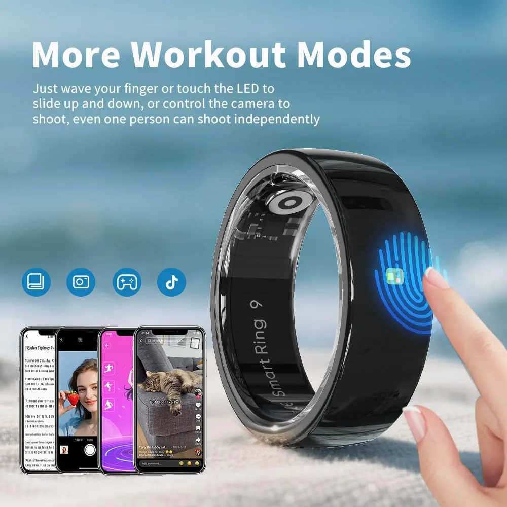 Ceramic Touch Smart Ring for Men Women - Fitness Tracker with Heart Rate, Blood Oxygen, Pedometer，5ATM Waterproof, Remote Music&Photography Control, No Subscription Fee for iOS and Android