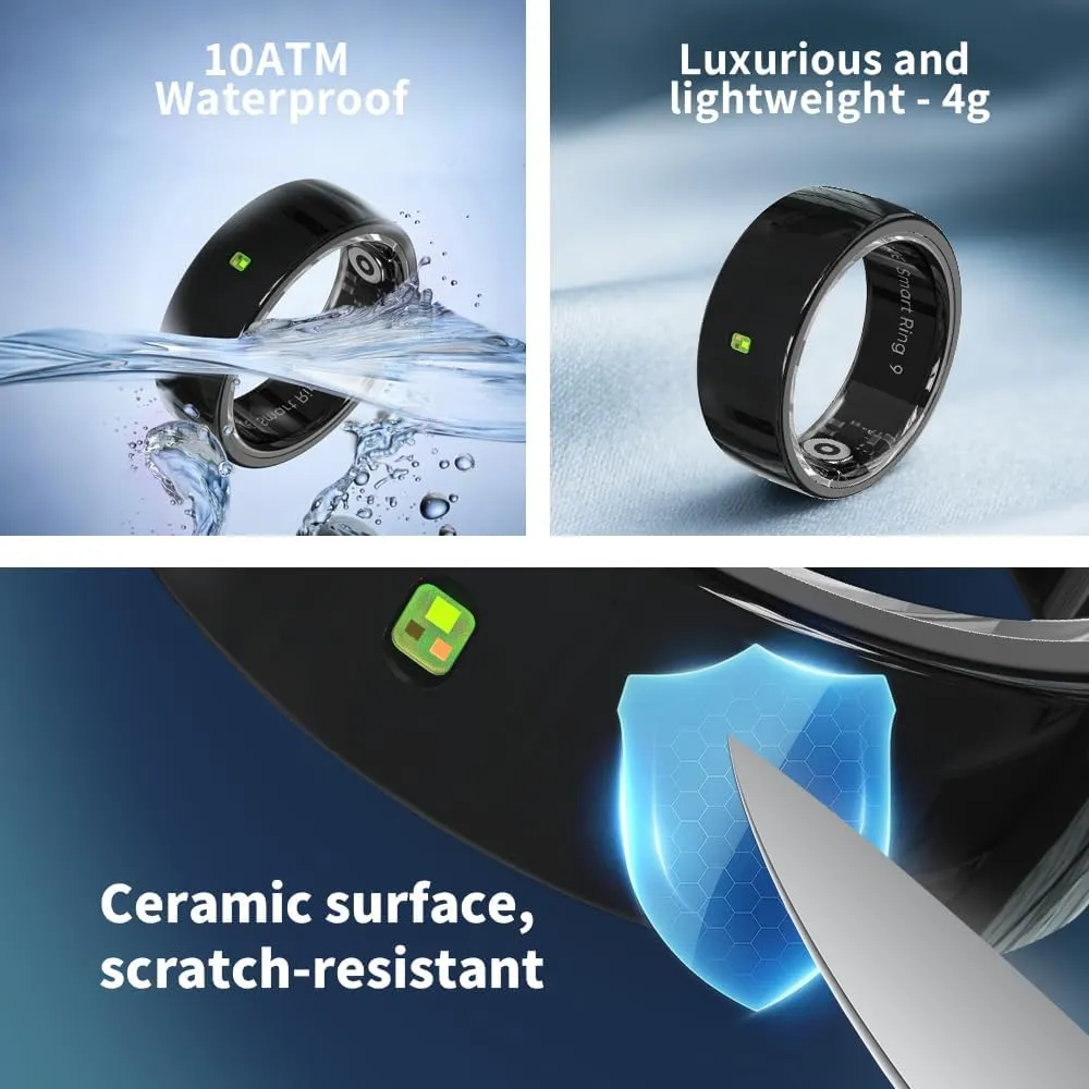 Ceramic Touch Smart Ring for Men Women - Fitness Tracker with Heart Rate, Blood Oxygen, Pedometer，5ATM Waterproof, Remote Music&Photography Control, No Subscription Fee for iOS and Android