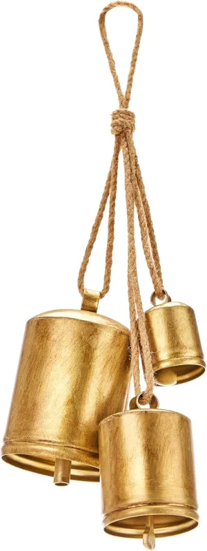 Christmas Bells for Decoration, Rustic Christmas Decor Vintage Style, Brass Shabby Chic Hanging Decorations Set of 3 (Brass)