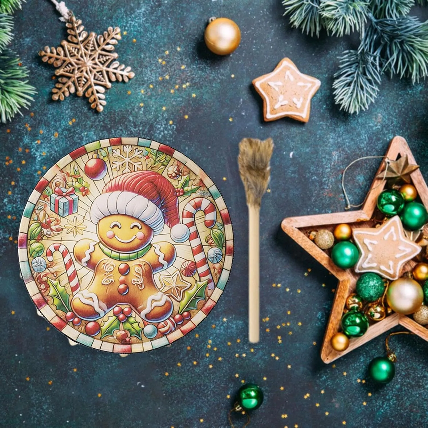 Christmas Decoration Drum Musical Instrument Drum with Drumstick Tabletop Birthday Gift Kids Drum Wooden Toy for Friends, Cane Pattern