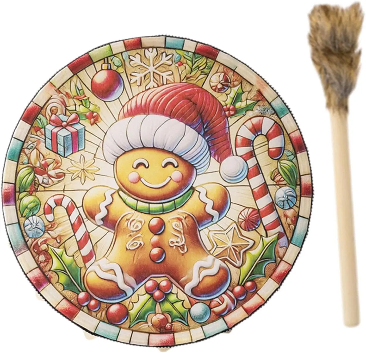 Christmas Decoration Drum Musical Instrument Drum with Drumstick Tabletop Birthday Gift Kids Drum Wooden Toy for Friends, Cane Pattern