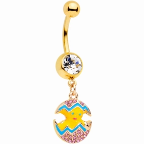 Clear Gem Gold Tone Funky Painted Easter Egg Chick Dangle Belly Ring