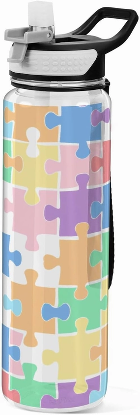 Colorful Puzzle Pieces Water Bottle with Straw Lid 32oz Leakproof Clear Gym Water Bottles for Women Men Outdoor Sport Drinking