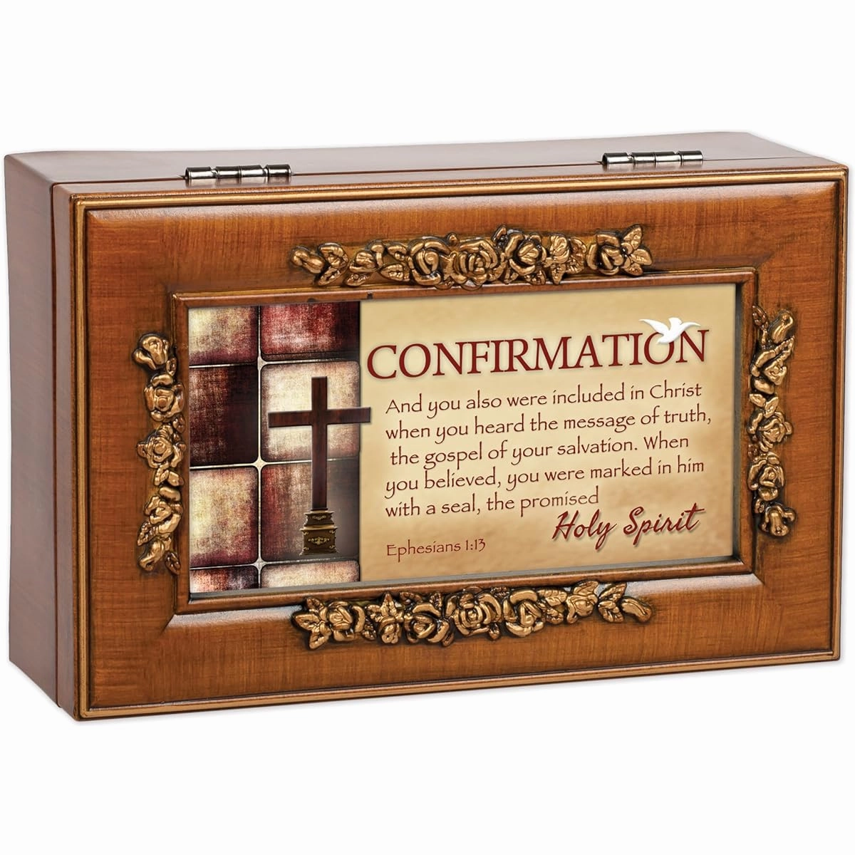Confirmation Holy Spirit Cross Wood Finish Petite Rose Jewelry Music Box Plays We Have a Friend in Jesus