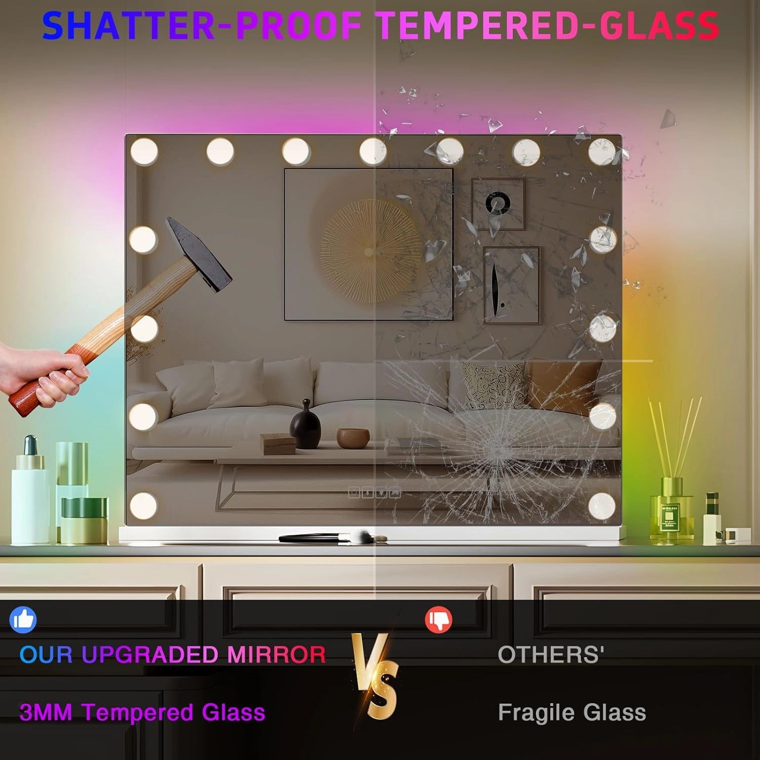 COOLJEEN Vanity Mirror with Lights and Bluetooth, 23x18 Inch 15 Bulbs Front and RGB Backlit Makeup Mirror with Dimmable 3 Color, Tempered Glass, Detachable 10X Magnification, Tabletop & Wall-Mounted