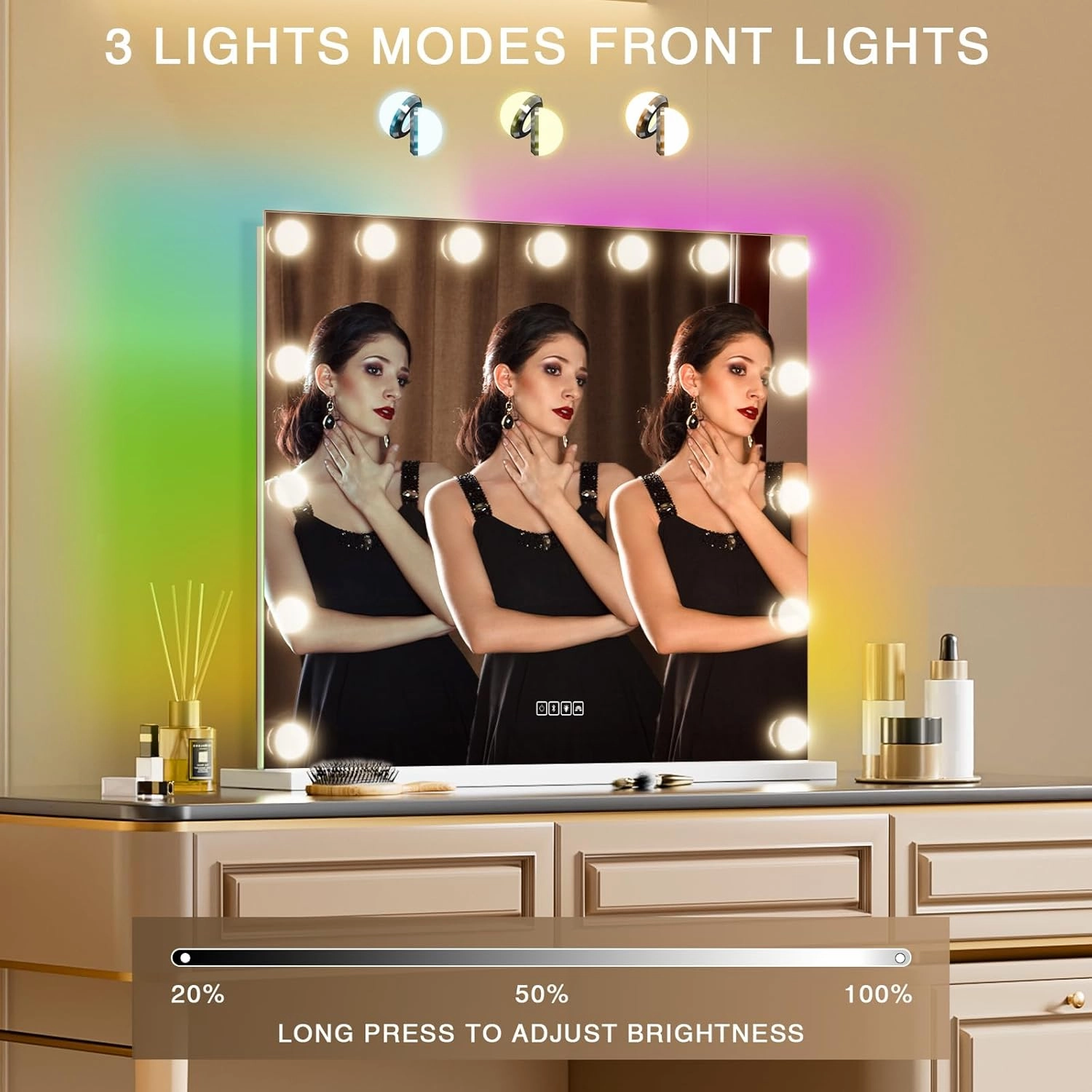COOLJEEN Vanity Mirror with Lights and Bluetooth, 23x18 Inch 15 Bulbs Front and RGB Backlit Makeup Mirror with Dimmable 3 Color, Tempered Glass, Detachable 10X Magnification, Tabletop & Wall-Mounted