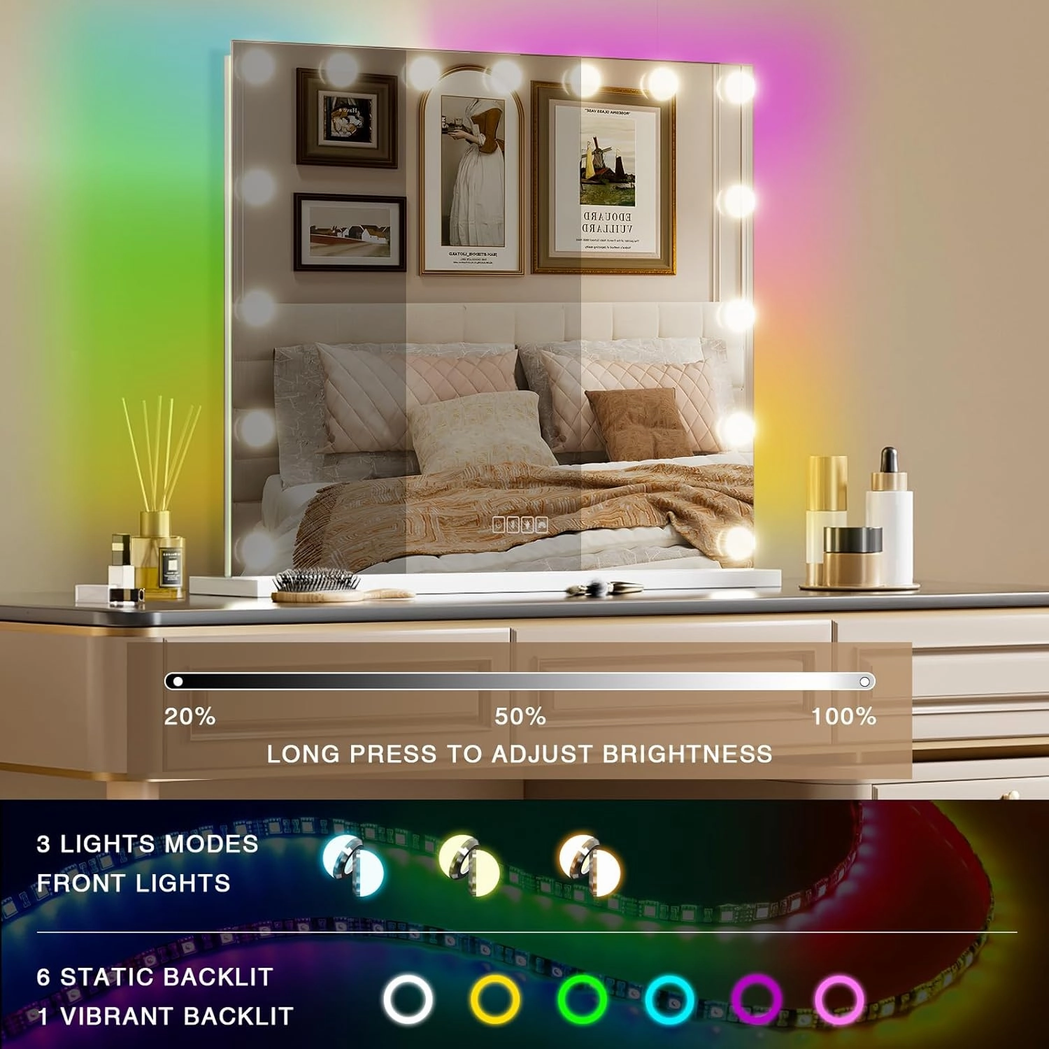 COOLJEEN Vanity Mirror with Lights and Bluetooth, 23x18 Inch 15 Bulbs Front and RGB Backlit Makeup Mirror with Dimmable 3 Color, Tempered Glass, Detachable 10X Magnification, Tabletop & Wall-Mounted
