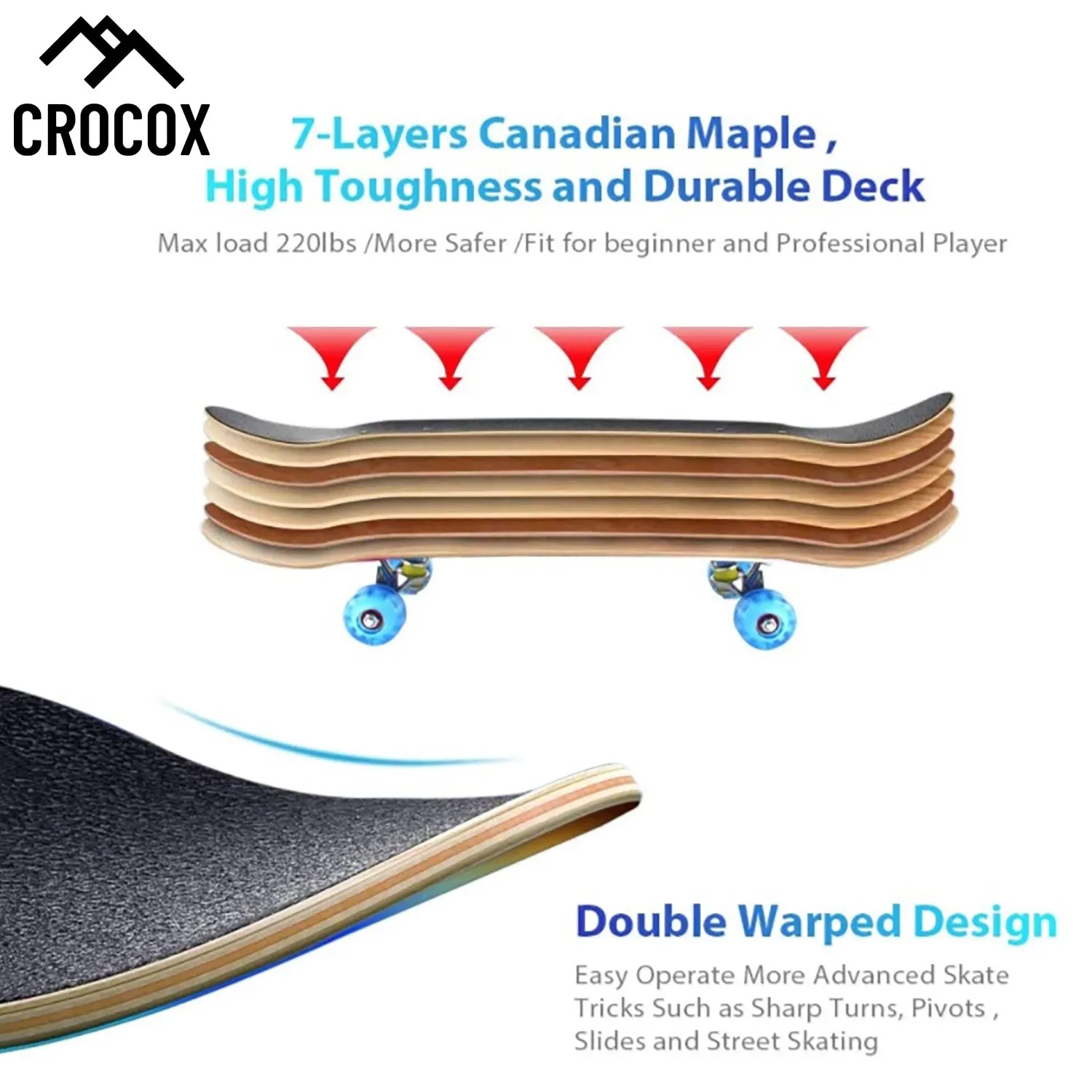 Crocox Kids Adult Skateboard Complete Set Up-Beginner to Pro Boards Outdoor