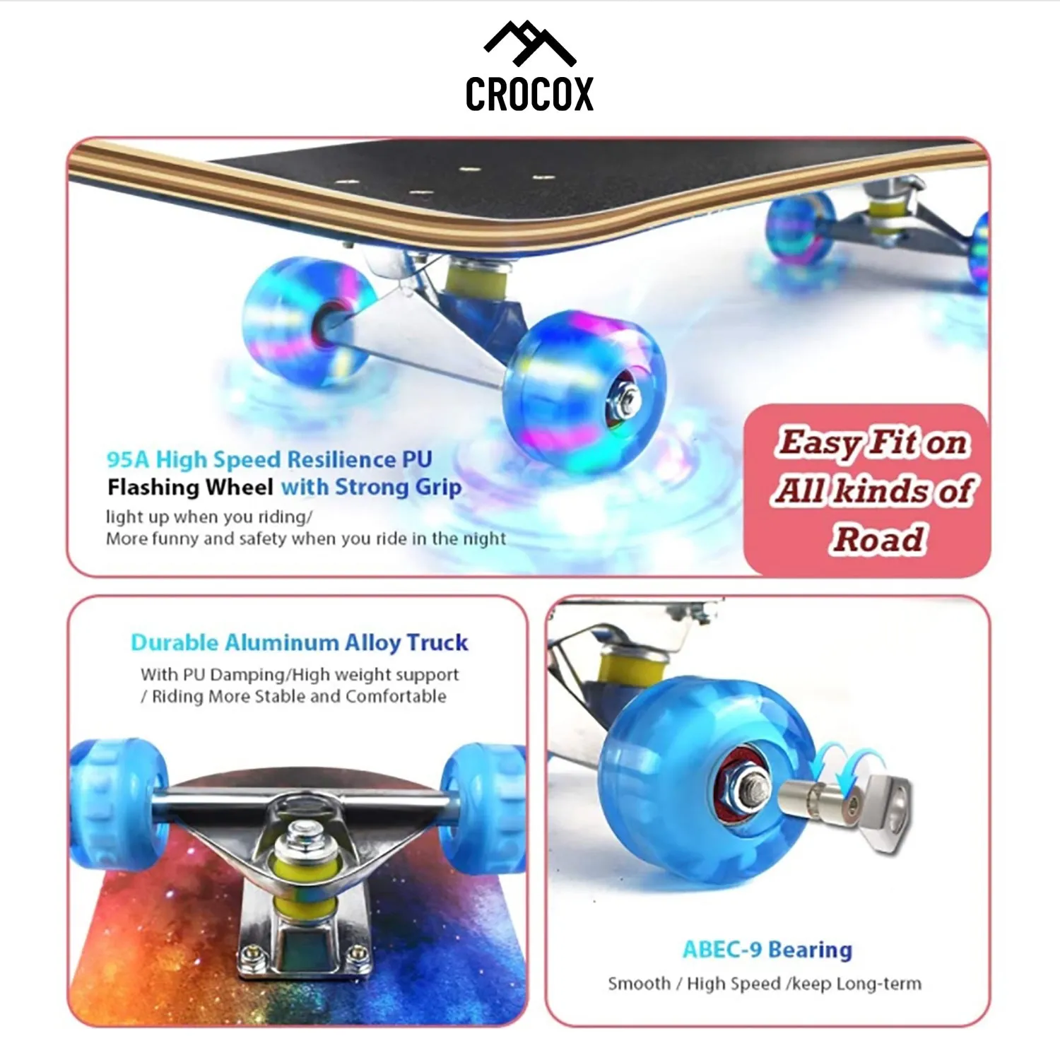 Crocox Kids Adult Skateboard Complete Set Up-Beginner to Pro Boards Outdoor