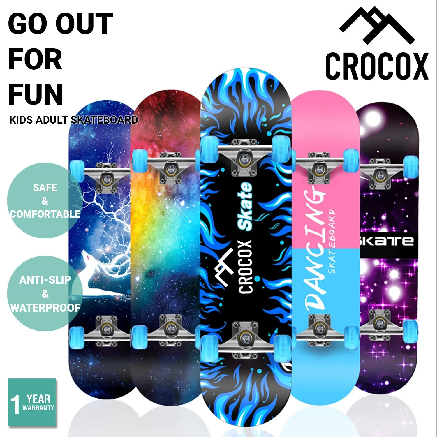 Crocox Kids Adult Skateboard Complete Set Up-Beginner to Pro Boards Outdoor