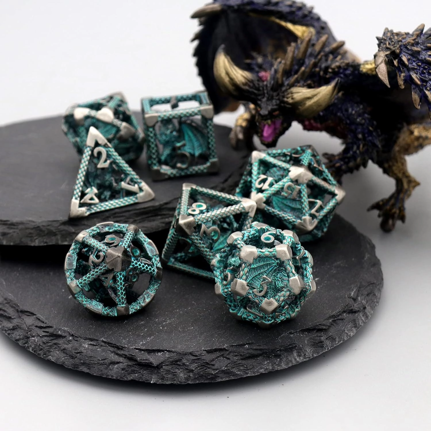 D&D Hollow Metal Polyhedral Dice Set for RPG and Tabletop Games - 3D Silver Blue
