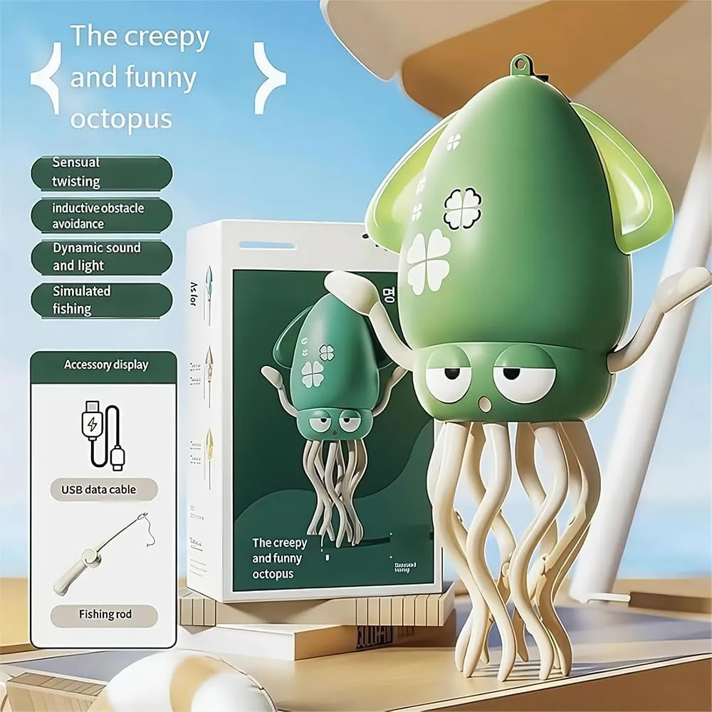 Dancing Octopus Toy, Crawling Dancing Automatic Obstacle Sensing Toy, Smart Tentacles Explorer, Wiggly Wonder Octopus, Suitable for Indoor Cats & Dogs (Green, with Fishing Rod)