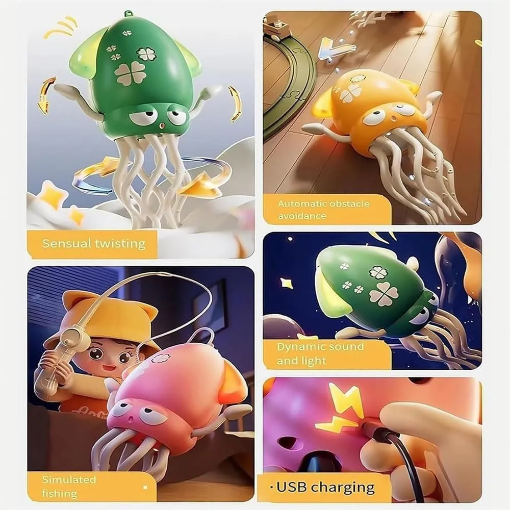 Dancing Octopus Toy, Crawling Dancing Automatic Obstacle Sensing Toy, Smart Tentacles Explorer, Wiggly Wonder Octopus, Suitable for Indoor Cats & Dogs (Green, with Fishing Rod)