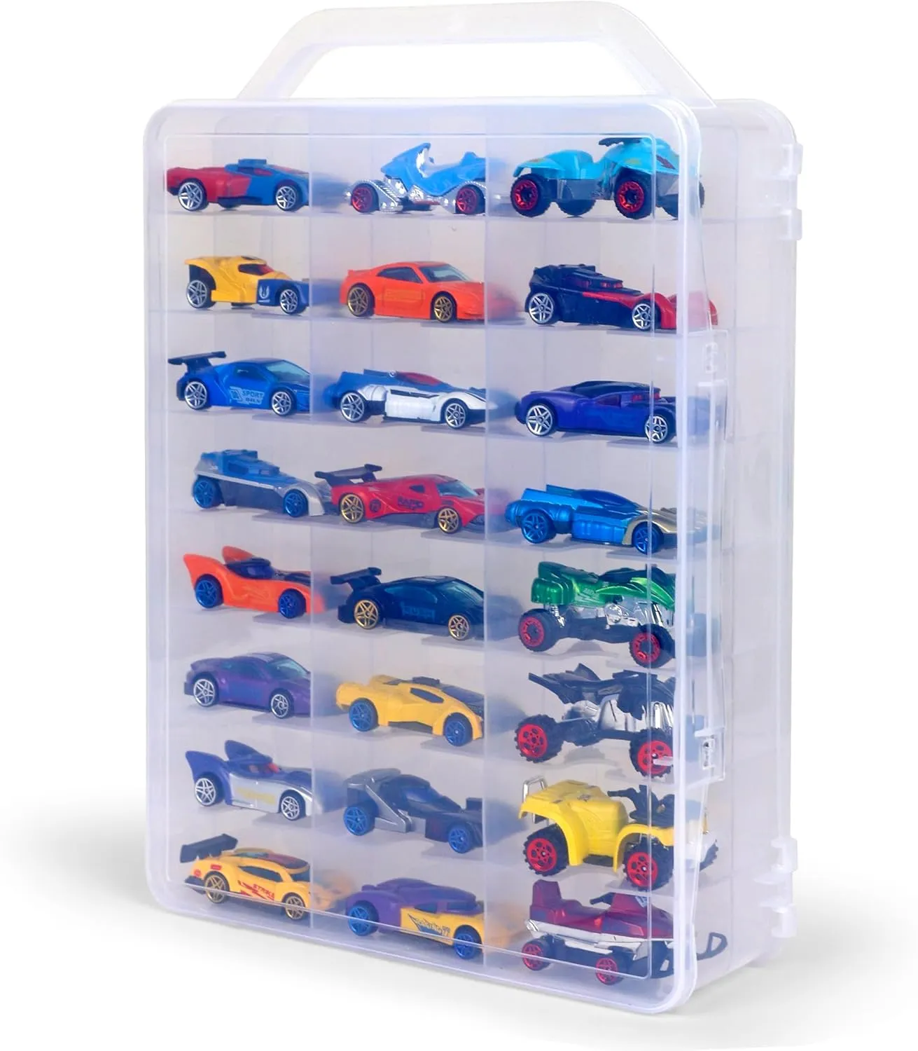 Darice Double Sided Toy Cars Case - Portable Organizer for 48 Hot Wheels, Matchbox Cars; Clear Mini Storage Box With Easy-Carry Handle