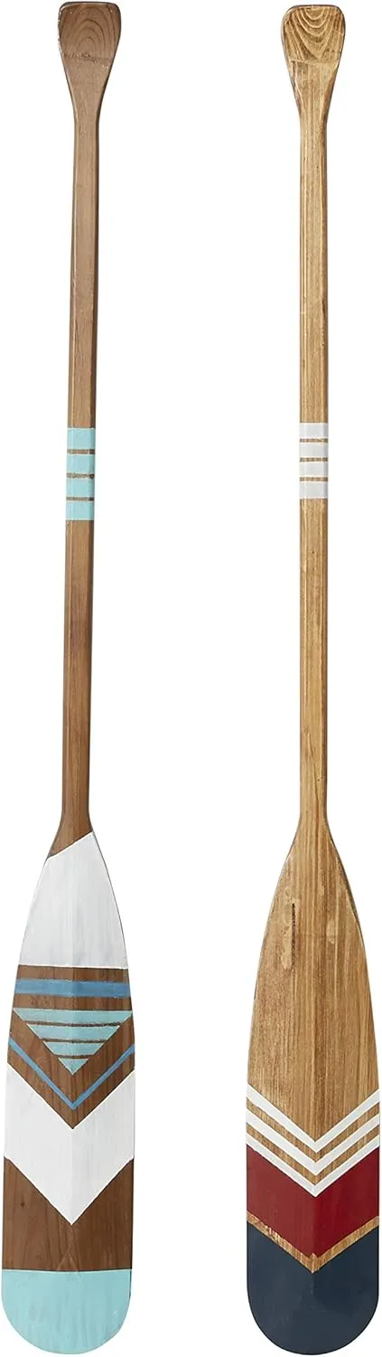 Deco 79 Wood Paddle Home Wall Decor Novelty Canoe Oar Wall Sculpture with Arrow and Stripe Patterns, Set of 2 Wall Art 6"W, 55"H, Multi Colored