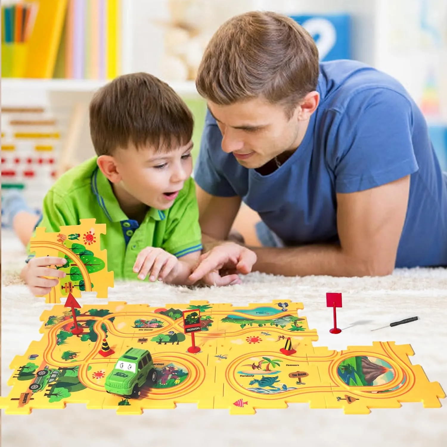 Dinosaur Puzzle Racer Kids Car Track Set, Plastic Puzzles for Kids Ages 3-5 with Vehicles, Railcar Puzzle, Car Tracks for Toddlers, Toys Gifts for 2 3 4 5 6 Year Old Boys, Montessori Toys
