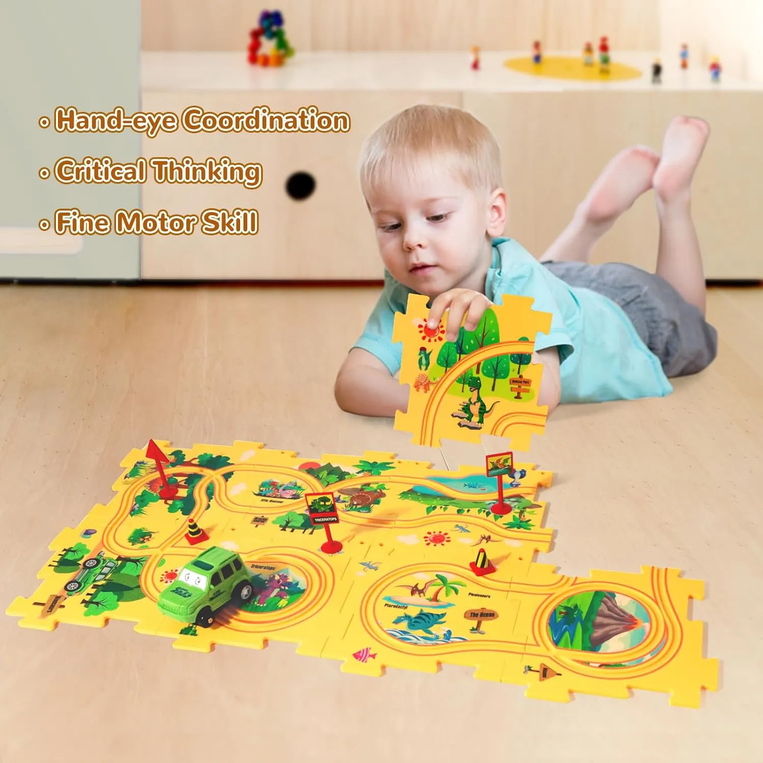 Dinosaur Puzzle Racer Kids Car Track Set, Plastic Puzzles for Kids Ages 3-5 with Vehicles, Railcar Puzzle, Car Tracks for Toddlers, Toys Gifts for 2 3 4 5 6 Year Old Boys, Montessori Toys