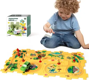 Dinosaur Puzzle Racer Kids Car Track Set, Plastic Puzzles for Kids Ages 3-5 with Vehicles, Railcar Puzzle, Car Tracks for Toddlers, Toys Gifts for 2 3 4 5 6 Year Old Boys, Montessori Toys