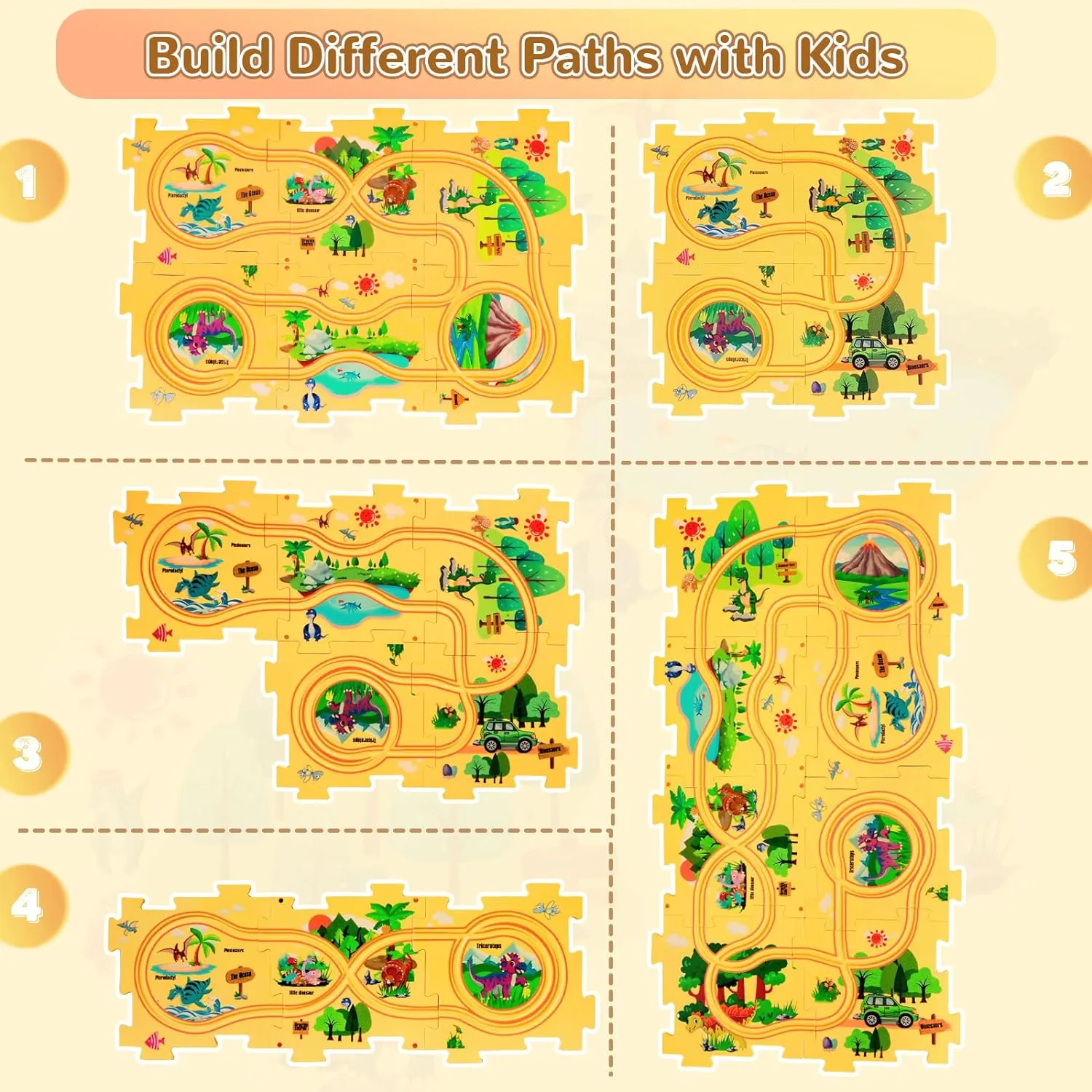 Dinosaur Puzzle Racer Kids Car Track Set, Plastic Puzzles for Kids Ages 3-5 with Vehicles, Railcar Puzzle, Car Tracks for Toddlers, Toys Gifts for 2 3 4 5 6 Year Old Boys, Montessori Toys