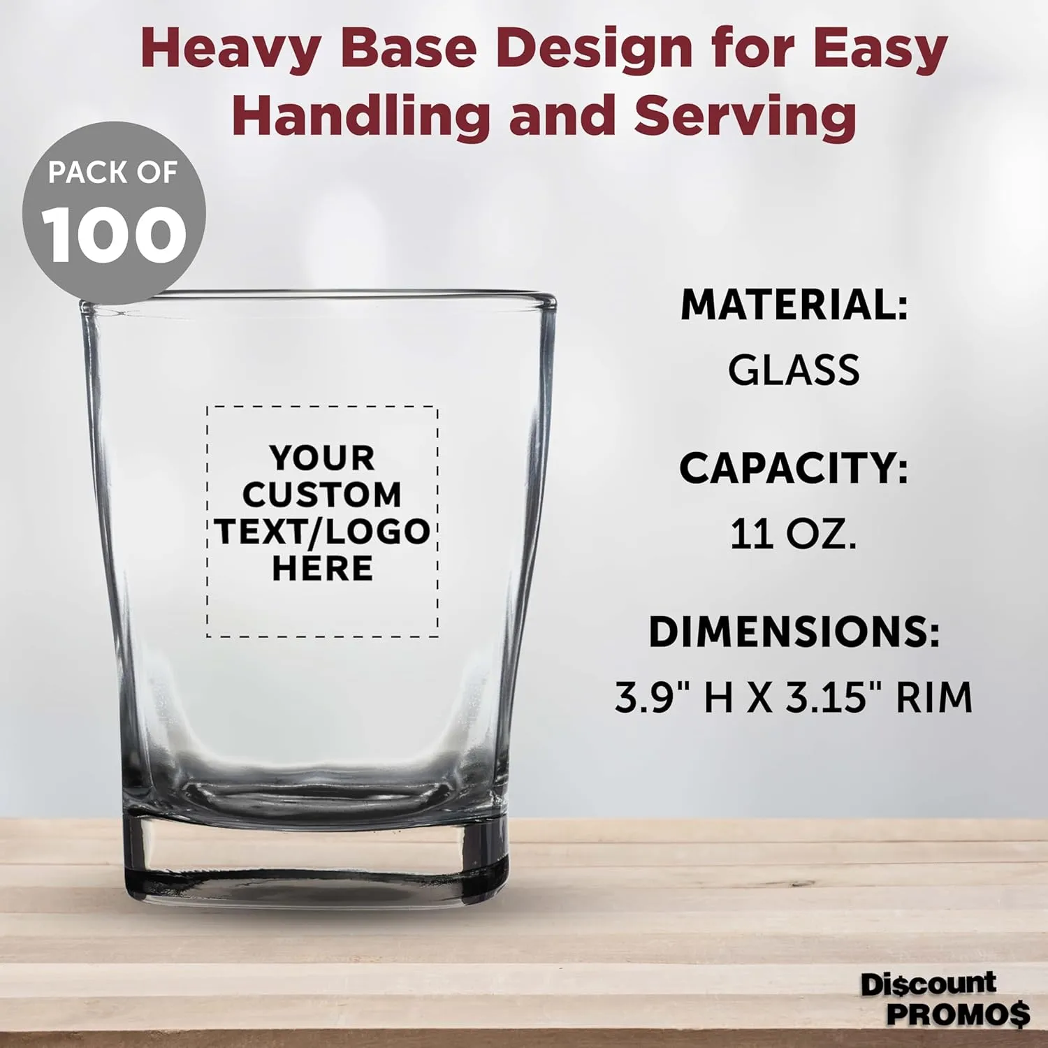 DISCOUNT PROMOS 100 Verona Whiskey Glasses Set, 11 oz. - Customizable Text, Logo - Durable, Thick Base, Color Bottom, Barware - Black