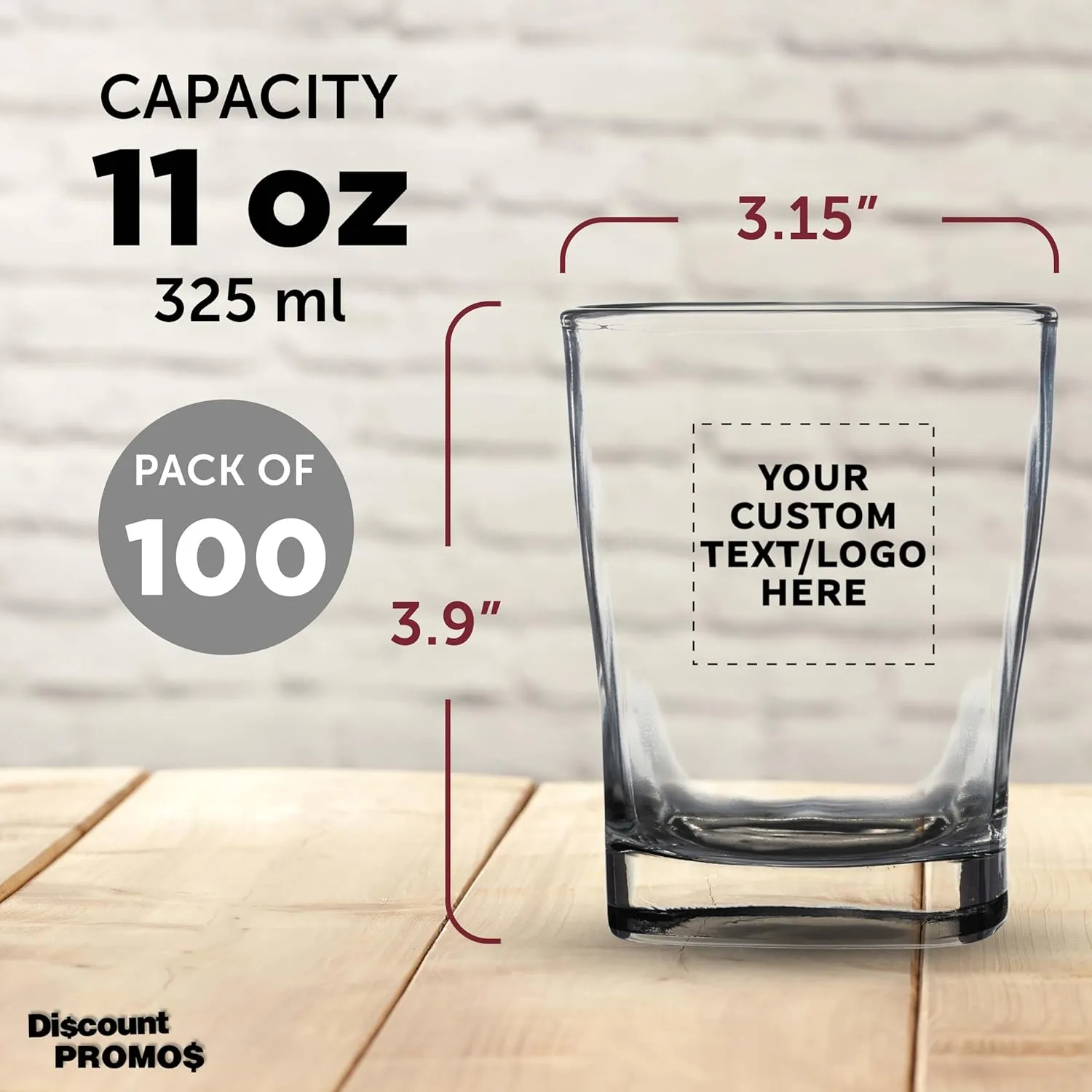 DISCOUNT PROMOS 100 Verona Whiskey Glasses Set, 11 oz. - Customizable Text, Logo - Durable, Thick Base, Color Bottom, Barware - Black