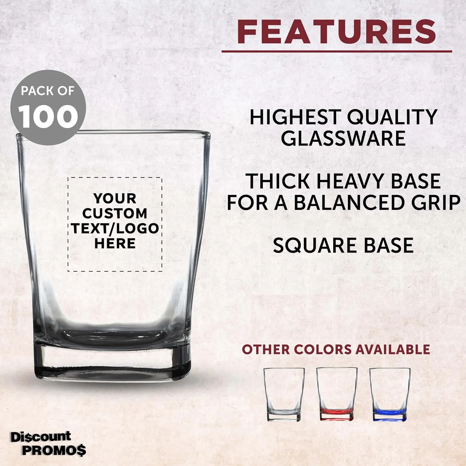 DISCOUNT PROMOS 100 Verona Whiskey Glasses Set, 11 oz. - Customizable Text, Logo - Durable, Thick Base, Color Bottom, Barware - Black