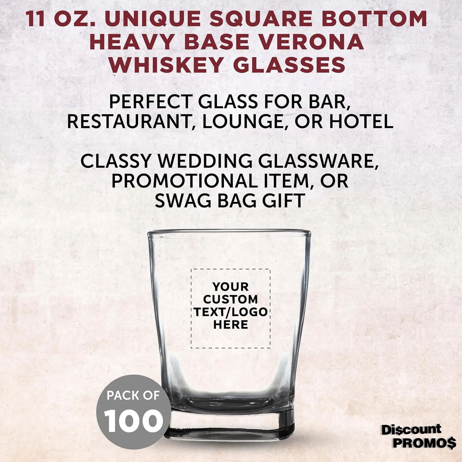 DISCOUNT PROMOS 100 Verona Whiskey Glasses Set, 11 oz. - Customizable Text, Logo - Durable, Thick Base, Color Bottom, Barware - Black