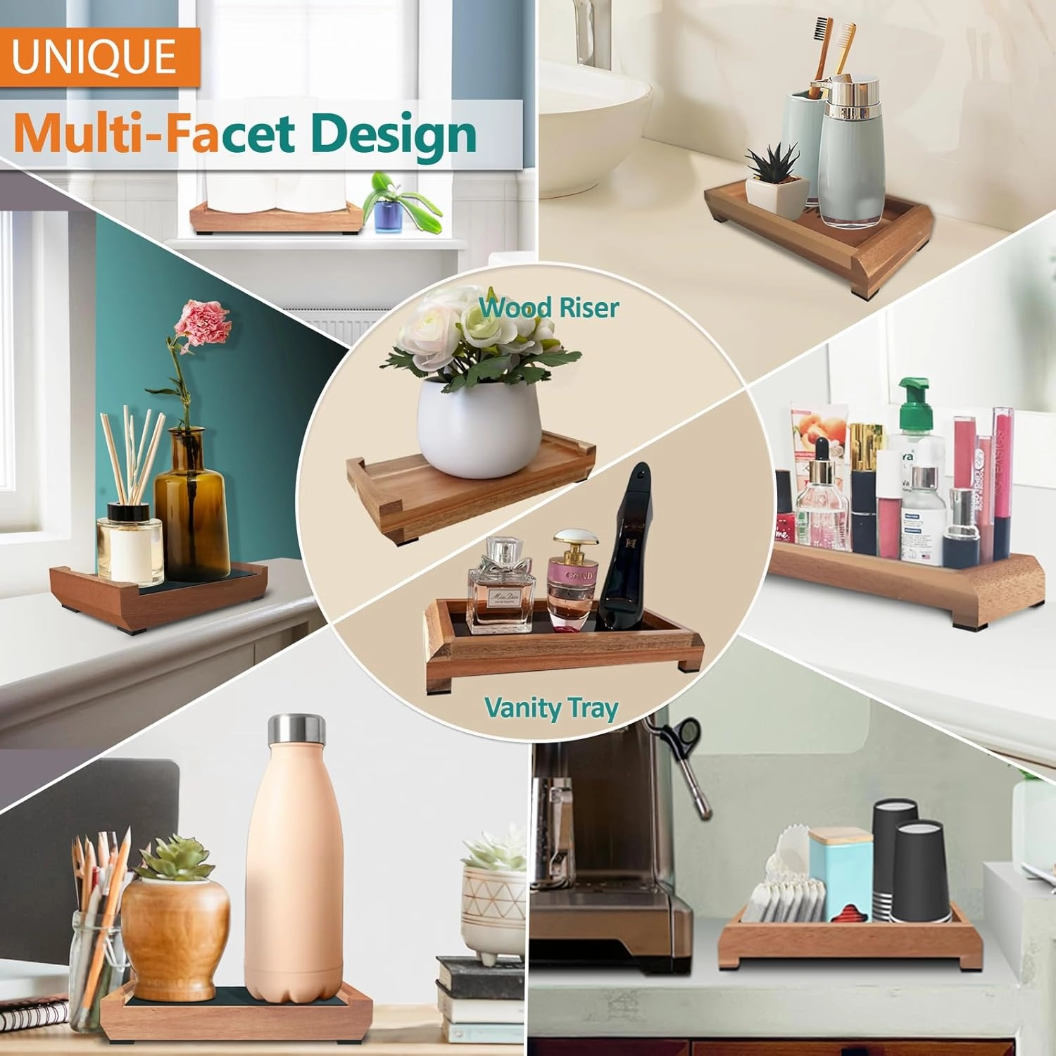 Double-Sided Vanity Tray, Decorative Tray and Wood Riser for Kitchen Counter, Bathroom Vanity Organizer Tray with Silicone Mat for Soap Dispenser, Perfume, Toilet Tank, Sink (Natural Acacia)