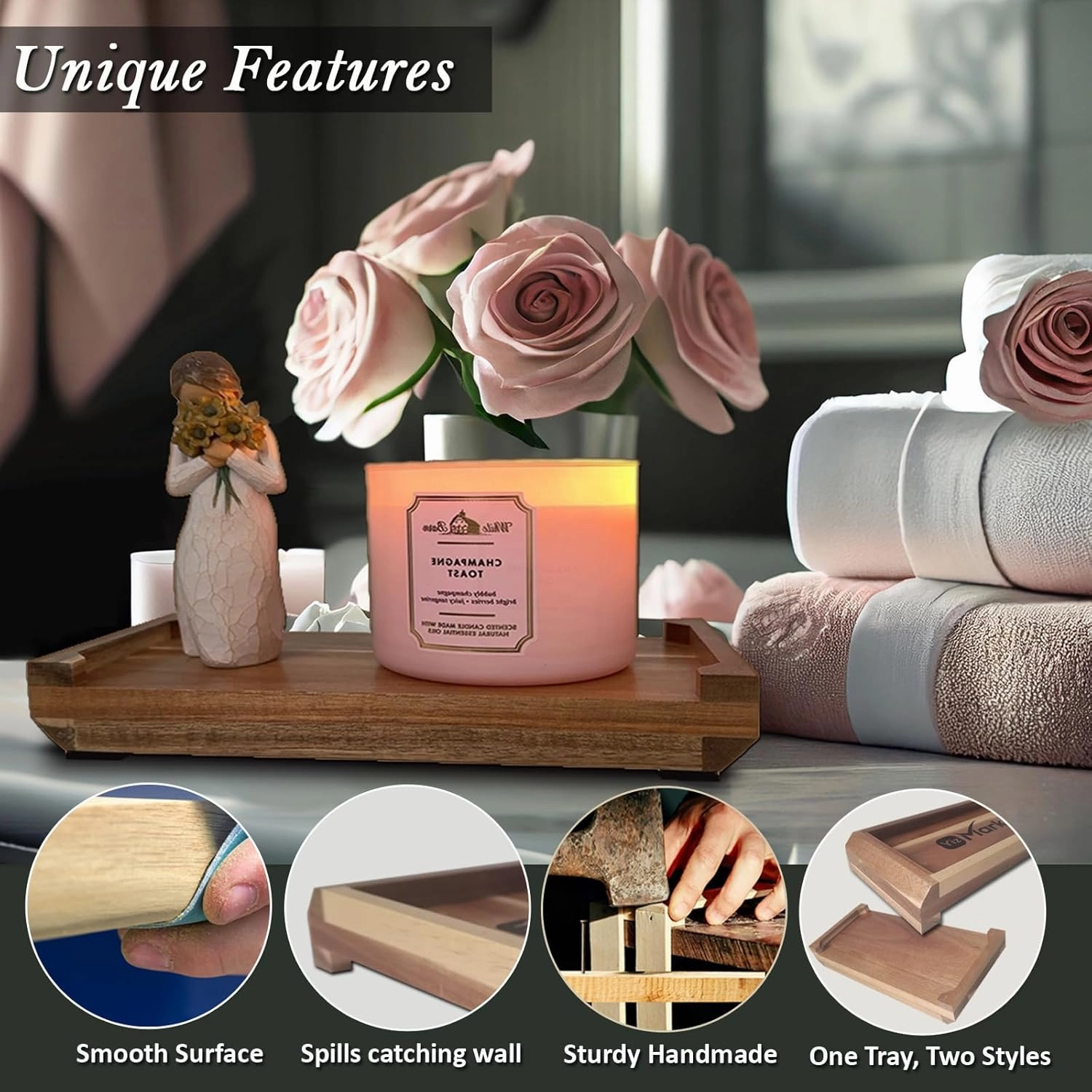 Double-Sided Vanity Tray, Decorative Tray and Wood Riser for Kitchen Counter, Bathroom Vanity Organizer Tray with Silicone Mat for Soap Dispenser, Perfume, Toilet Tank, Sink (Natural Acacia)
