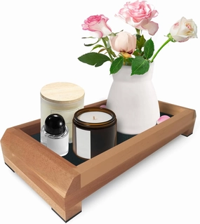 Double-Sided Vanity Tray, Decorative Tray and Wood Riser for Kitchen Counter, Bathroom Vanity Organizer Tray with Silicone Mat for Soap Dispenser, Perfume, Toilet Tank, Sink (Natural Acacia)