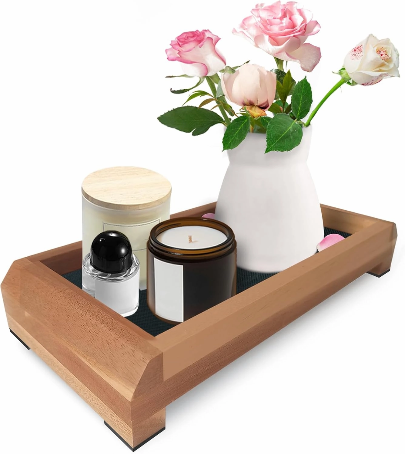 Double-Sided Vanity Tray, Decorative Tray and Wood Riser for Kitchen Counter, Bathroom Vanity Organizer Tray with Silicone Mat for Soap Dispenser, Perfume, Toilet Tank, Sink (Natural Acacia)