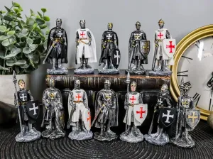 Ebros Gift Set of 12 Medieval Knights of The Cross Crusaders with Swords Halberds and Shields Figurines Suit of Armor Miniature European Knight Décor Sculptures