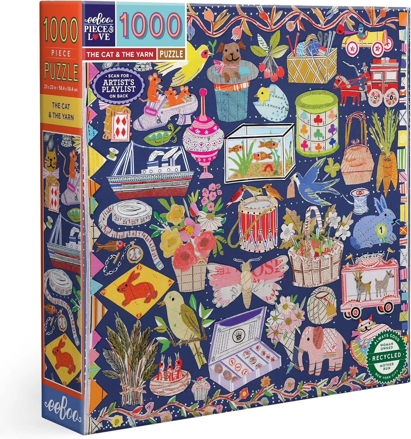 eeBoo Piece & Love: The Cat & The Yarn - 1000 Piece Puzzle - Adult Square Jigsaw, 23"x 23", Includes Image Reference Insert, Glossy Piece