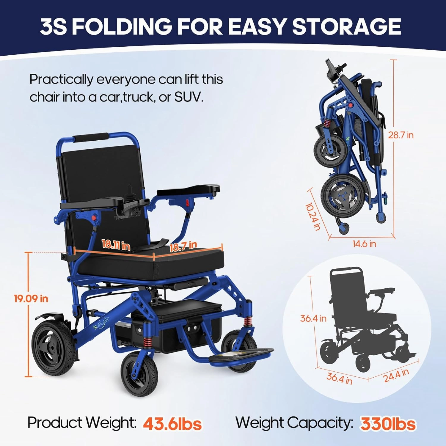 Electric Wheelchairs for Adults Ultra Lightweight Foldable Electric Wheelchair for Seniors All Terrain Power Motorized Wheelchair Airline Approved USA Made (Blue)