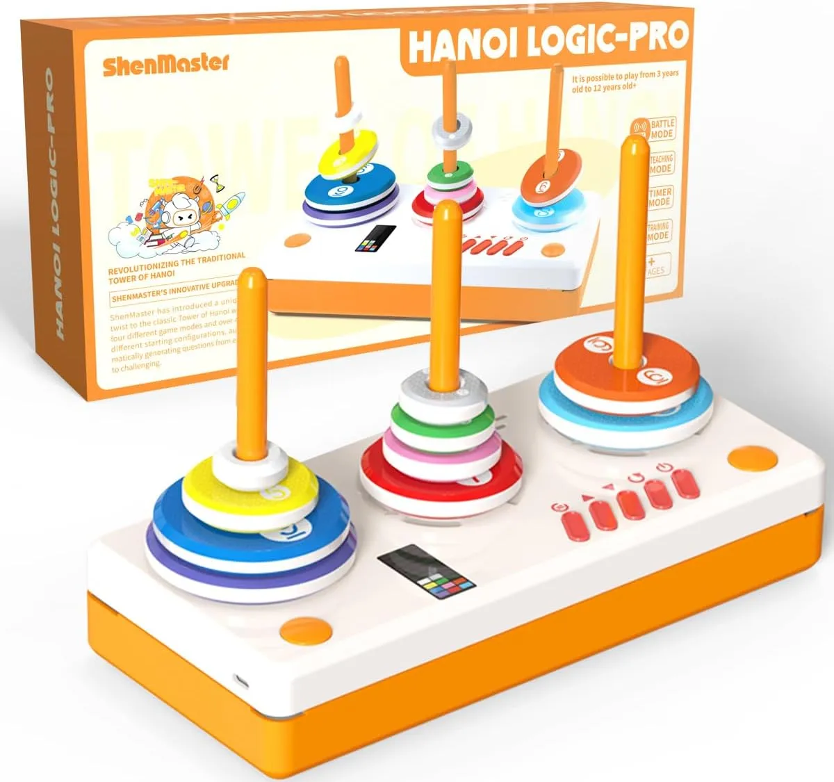 Electronic Tower of Hanoi Game with Timer,STEM Logic Puzzle for Kids & Adults, Multiplayer Brain Teaser, Educational Toy Gift (Ages 3-12 )(Orange)