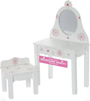 Emily Rose 18-inch Doll Furniture Wooden Pink & White Bedroom Vanity Set with Storage Chair & Drawer - Floral Collection | Compatible with American Girl 18" Dolls | USA Business