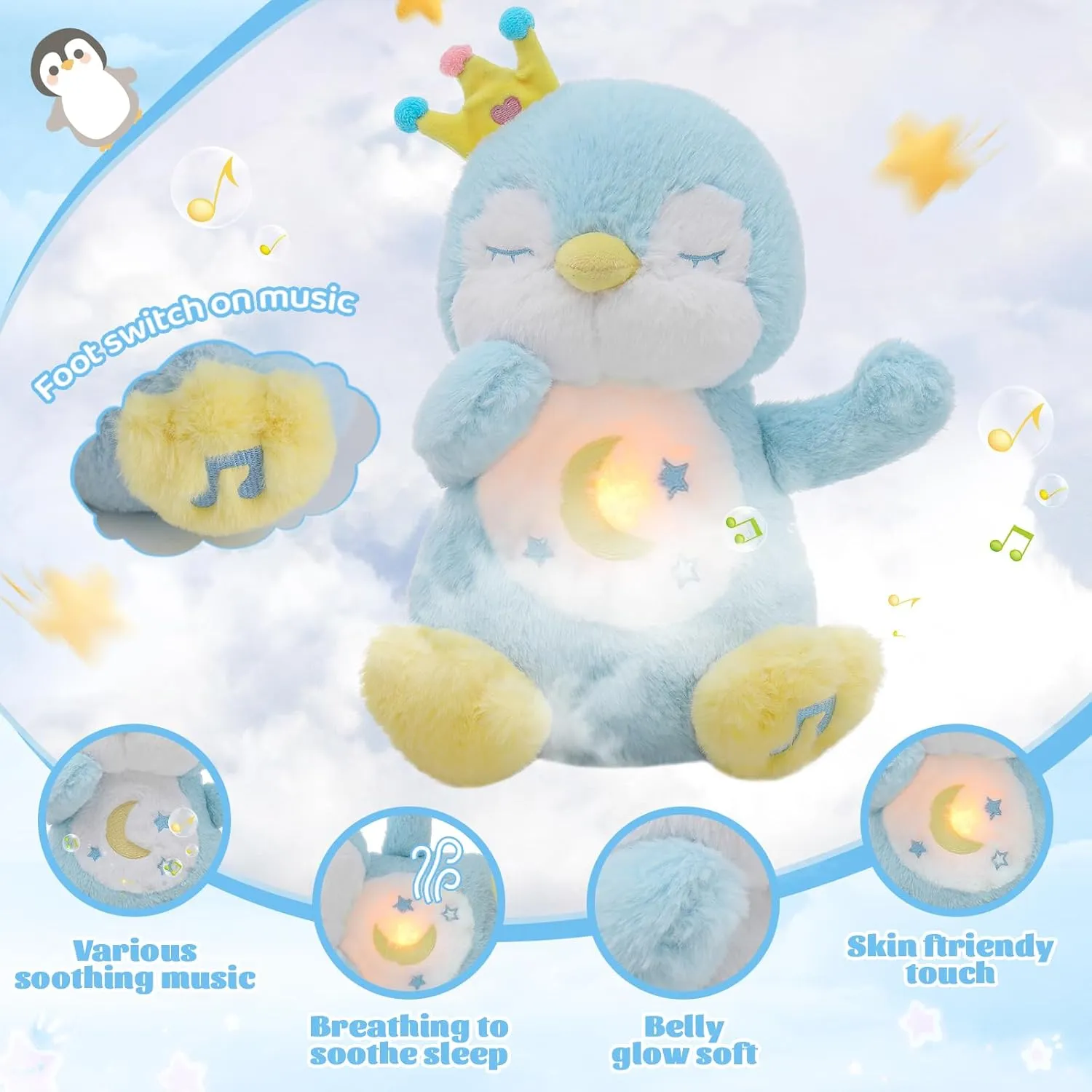 Emoin Penguin Stuffed Animal, Soothing Breathing Penguin Plush Sleep Buddy Soothe Snuggle Baby Toy with Realistic Breathing Motion and Lights Music for Adults and Kids-Blue